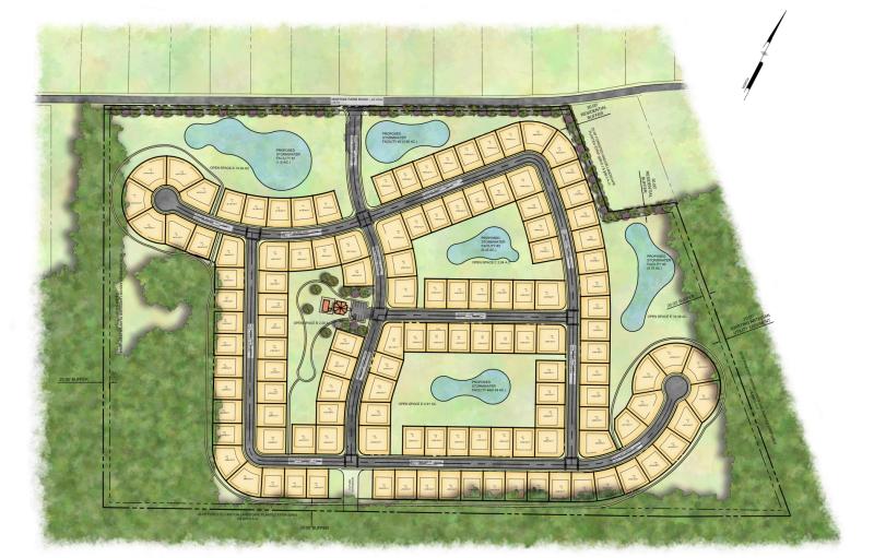 The proposed Peck Farm subdivision would contain 128 lots on a 64-acre parcel at 27458 Martins Farm Road near Harbeson. PENNONI ASSOCIATES GRAPHIC